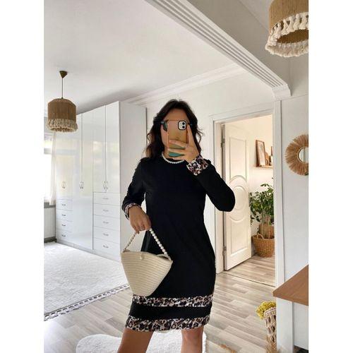 Kadın Uzun Kollu Bisiklet Yaka şerit Leopar Desenli Kısa Dalgıç Elbise