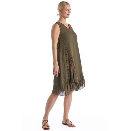 Kolsuz Haki V Yaka Yazlık Nakışlı Otantik Vual Kısa Elbise