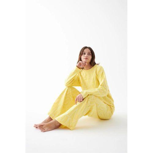 Kadın Oversize Sarı Desenli Pamuklu Kalın Pijama Takımı