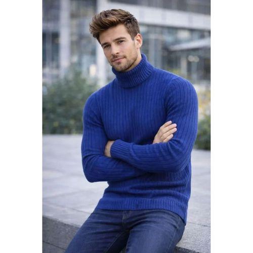 Erkek Balıkcı Yaka Bağazlı Triko Kazak Pamuklu Kalın Fitilli Dokuma, Regular Fit Uzun Kollu Kışlık Model - İndigo