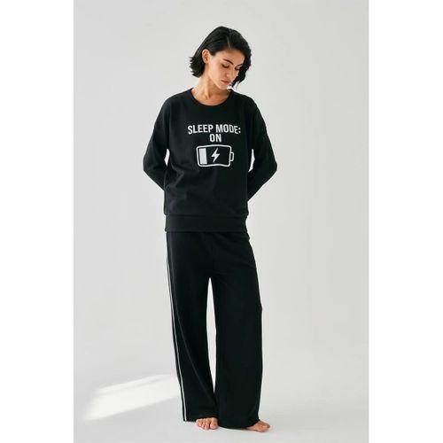 Kadın Siyah Sleep Mode On Oversize 2 İplik Eşofman Ev Giyim Takımı