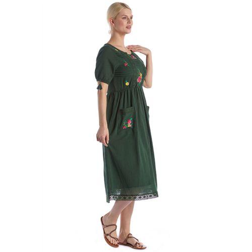 Kısa Kol Yeşil Şile Bezi Midi Boy Yazlık Elbise