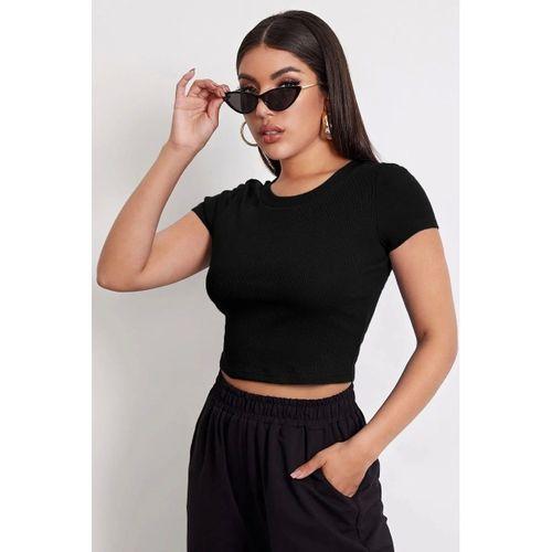 Kadın Siyah Modern Fit Yuvarlak Yaka Yarım Kol Crop Top Bluz