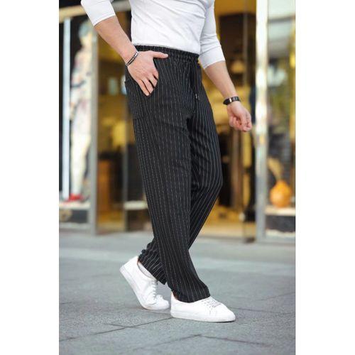 Erkek Cizgili Dokuma Krep Jogger Buggy Pantalon Rahat Kalıp - Siyah