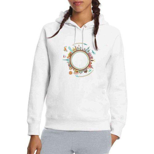 Silhouette Travel Globalization Baskılı Beyaz Kadın Kapşonlu Sweatshirt