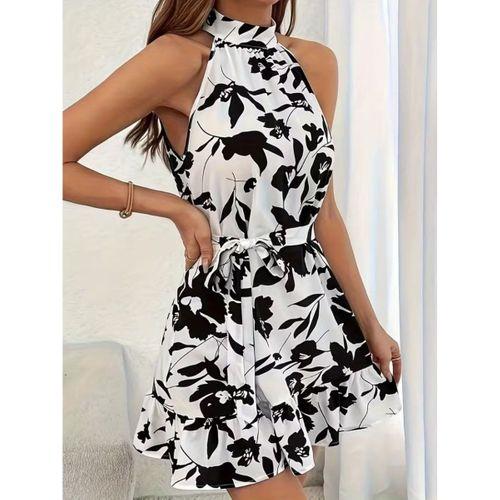 Kadın Omuzlardan Açık Balıkçı Yakalı Kuşaklı Desenli Kısa Süprem Elbise