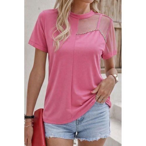 Kadın Kısa Kollu Tül Detaylı Taşlı Janjan Krep Bluz