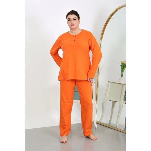 Kadın Büyük Beden Uzun Kol Penye Pijama Takımı Turuncu