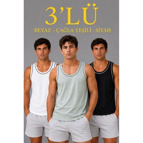 Erkek 3’lü Kolsuz Sporcu Atlet Seti Yazlık Bisiklet Yakalı - Mint Yeşili, Siyah, Beyaz