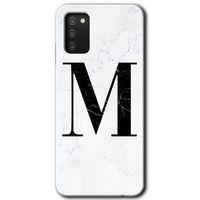 Galaxy A02s Kılıf HD Desen Baskılı Arka Kapak - Beyaz Mermer Desenli M Harfi + Kırılmaz Cam