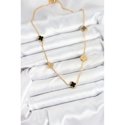 316L Çelik Zincir Gold Renk Siyah ve Zirkon Taşlı Baby Boy Yonca Kadın Kolye