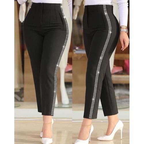 Kadın Yüksek Bel Yanlardan Taş Detaylı Ithal Krep Pantolon