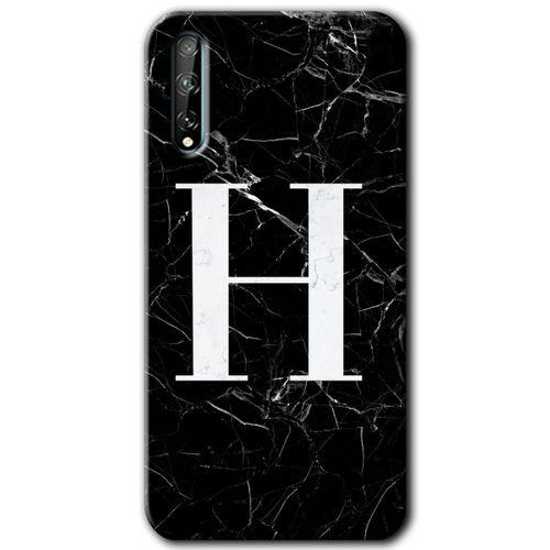 MRCİLETİSİM Huawei Y8P Kılıf HD Desen Baskılı Arka Kapak + Temperli Cam - Siyah Mermer Desenli H Harfi