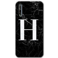 MRCİLETİSİM Huawei Y8P Kılıf HD Desen Baskılı Arka Kapak + Temperli Cam - Siyah Mermer Desenli H Harfi