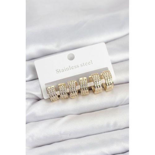 316L Çelik Zirkon Taşlı Gold Halka Küpe Seti