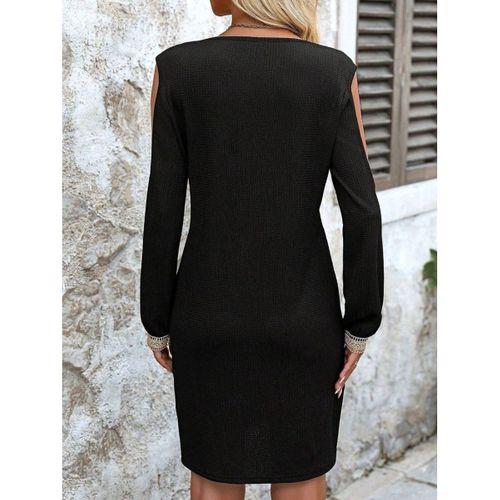 Kadın Uzun Kollu Omuzdan Açık V Dantel Yakalı Mini Waffle Elbise