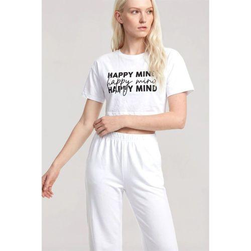 Kadın Beyaz Baskılı Crop T-shirt Pantolon Takım Rahat Günlük Kombin 2’li Set