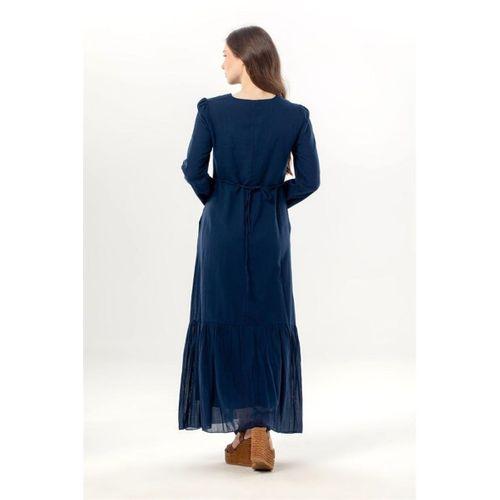 Uzun Kol Zühre Nakış Detaylı Bağcık Yaka Cepli Vual Uzun Elbise Lacivert Lcvt