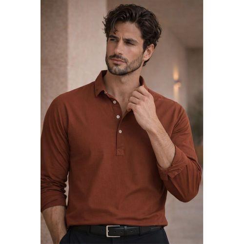 Yarım Pat Yakalı York Pamuk Kumaşlı Uzun Kollu Erkek Gömlek - Koyu Kahve