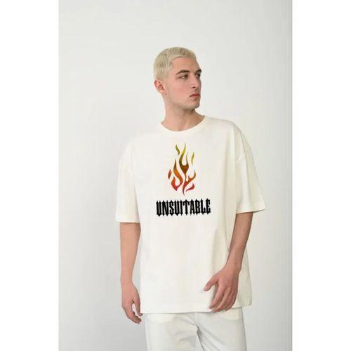 Unisex Bisiklet Yaka Baskılı Oversize T-Shirt - Beyaz