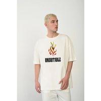 Unisex Bisiklet Yaka Baskılı Oversize T-Shirt - Beyaz