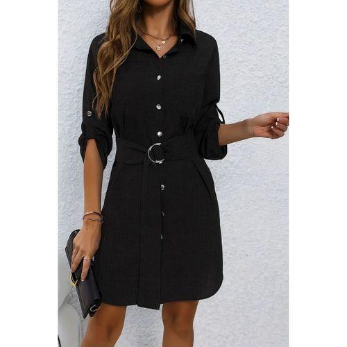 Kadın Uzun Kollu Yakalı önden Düğmeli Beli Kuşaklı Mini Ithal Keten Elbise