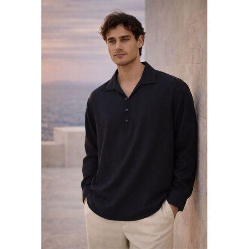 Baldwin Apaş Yaka Britli 3 Düğmeli İnce Modal Kumaş Oversize Uzun Kollu Yazlık Erkek Gömlek - Siyah