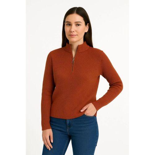 KADIN Yarım Fermuarlı Triko Kazak – Selanik Örgü, Dik Yaka, Pamuklu Dokuma, Oversize Uzun Kollu Kışlık Model - Kiremit