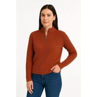 KADIN Yarım Fermuarlı Triko Kazak – Selanik Örgü, Dik Yaka, Pamuklu Dokuma, Oversize Uzun Kollu Kışlık Model - Kiremit