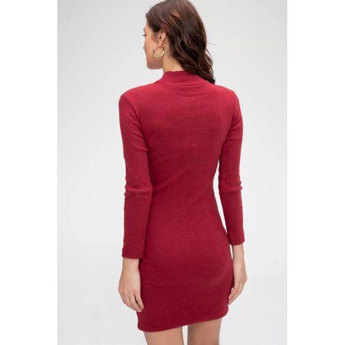 Kadın Bordo Kaşkorse Balıkçı Yaka Uzun Kollu Bodycon Mini Elbise