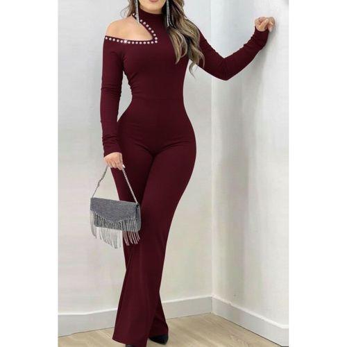 Kadın Tek Omuzdan Açık Balıkçı Yaka Taş Detaylı Uzun Ithal Krep Tulum