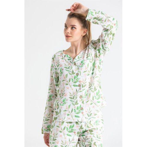 Uzun Kol Sedef Baskılı Yazlık Müslin Gömlek Yaprak Desen Yaprak Dsn