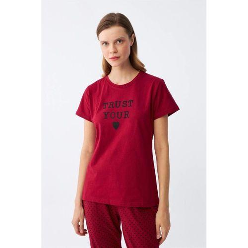Kadın Bordo Kalp Desenli Kısa Kollu Penye Pijama Takımı