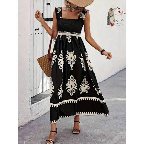 Kadın Askılı Kare Yaka Gipe Detaylı Desenli Suprem Elbise