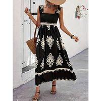 Kadın Askılı Kare Yaka Gipe Detaylı Desenli Suprem Elbise