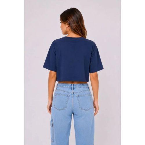 Kedi Baskılı Oversize Crop Tişört Salaş Basic Yarım Kol T-shirt - Lacivert