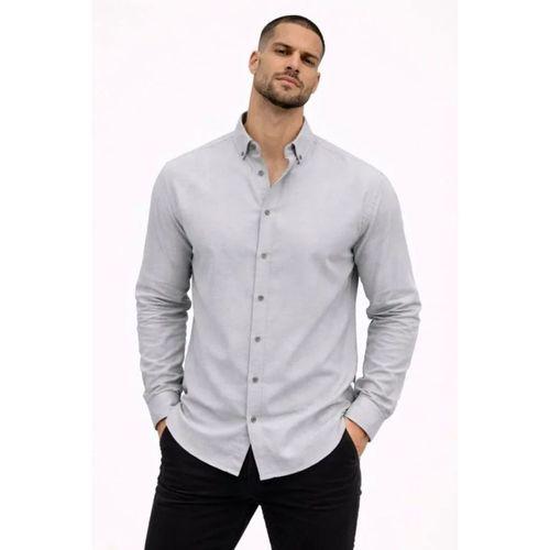 Erkek KETEN Kumaş Oversize Uzun Kollu Rahat Kalıp Gömlek - Boyalı Gri