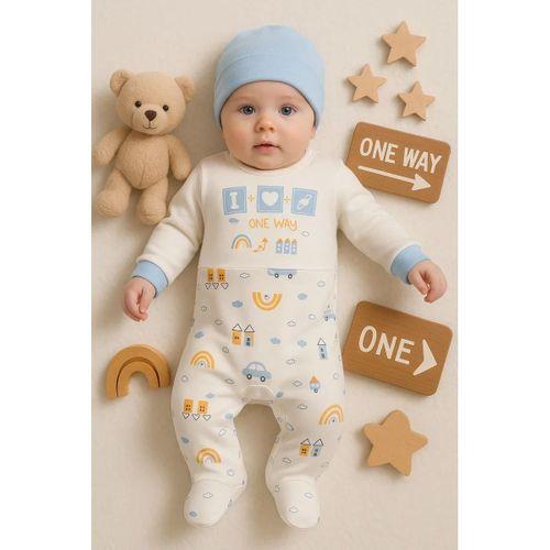 Araba Desenli Mavi 2'li Şapkalı Erkek Bebek Tulumu