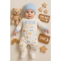 Araba Desenli Mavi 2'li Şapkalı Erkek Bebek Tulumu