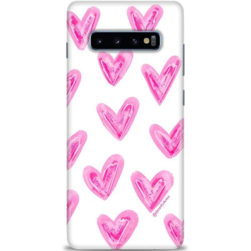 Samsung Galaxy S10 Plus Kılıf HD Baskılı Kılıf - Pembe Kalpler + Tam Ekran Koruyucu