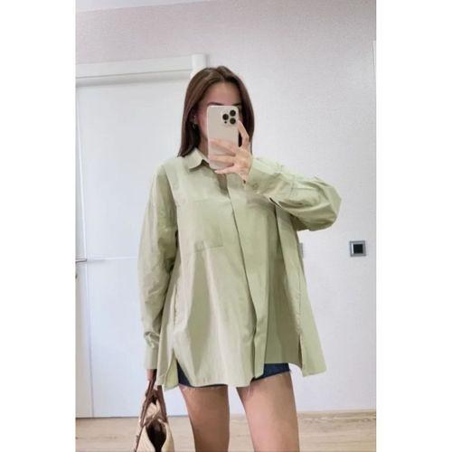 Oversize Pens Detaylı Cepli Yırtmaçlı Rahat Kalıp Poplin Gömlek - Yeşil