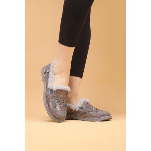 Selaro Gri Renkli Taşlı Desenli İçi Kürklü Kışlık Günlük Ayakkabı
