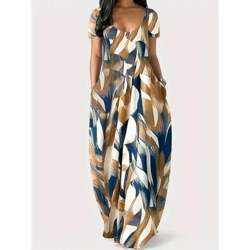 Kadın Kısa Kollu Yuvarlak Yaka Cepli Salaş Baskılı Süprem Elbise