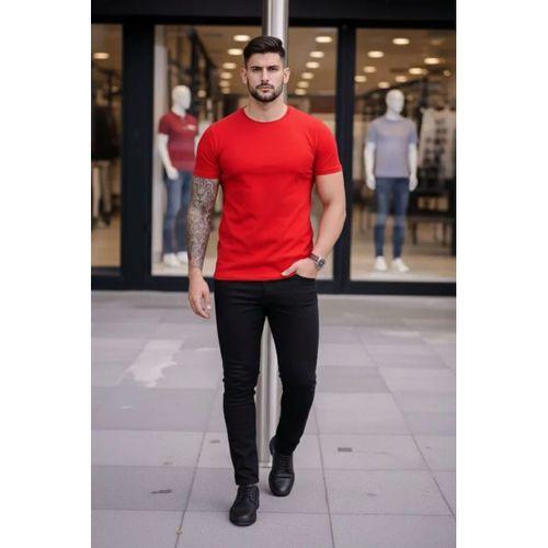 Erkek T-Shirt Bisiklet Yaka Slim Fit Dar Kesim Likralı Tişört Günlük Basic Body - Kırmızı