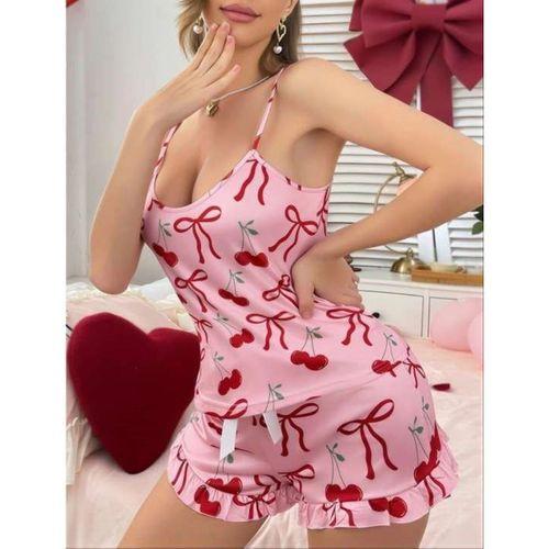 Pembe Üstüne Kiraz Desenli Askılı Şortlu Pijama Takımı