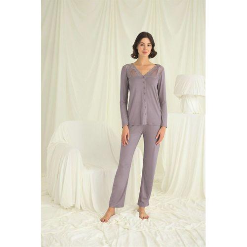 Yakası Kolu Ve Omzu Dantelli Boydan Düğmeli Pijama Takımı