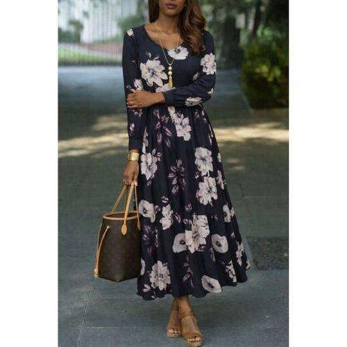 Kadın Uzun Kollu V Yakalı çiçek Desenli Maxi Süprem Elbise