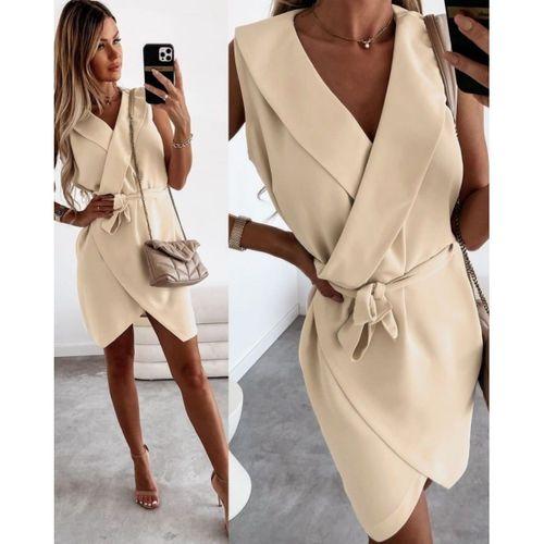 Kruvaze Yaka Kuşaklı Krep Kumaş Elbise