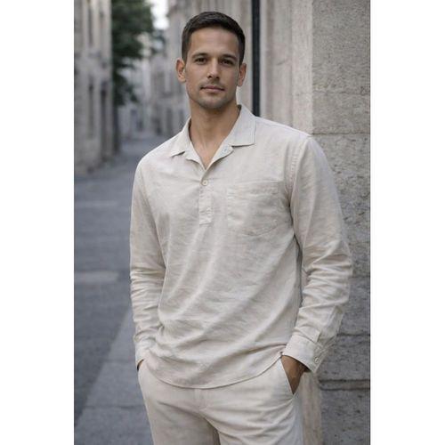 Sartre Apaş Yaka Tek Cepli İnce Modal Kumaş Uzun Kollu Yazlık Gömlek - Bej