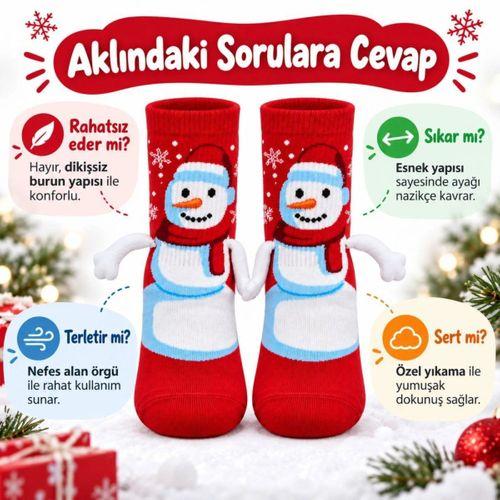 Kırmızı Kardan Adam 2'li Desenli Yılbaşı Çorabı | 3d Kollu El Ele Tutuşan Eğlenceli Soket Çorap Seti
